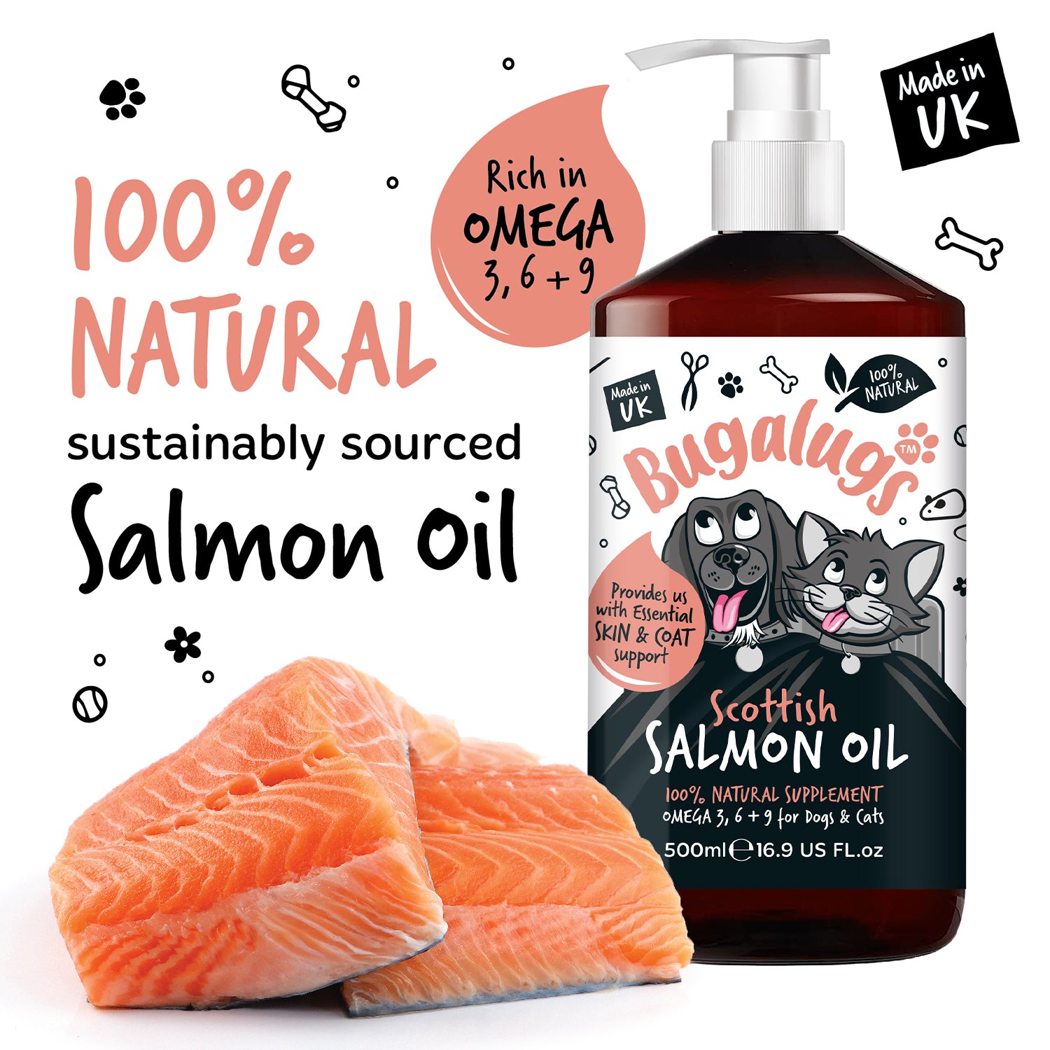 Bugalugs Scottish Salmon Oil - Omega 3, 6 and 9 for Dogs and Cats - 100% Natural sustainably sourced Salmon Oil