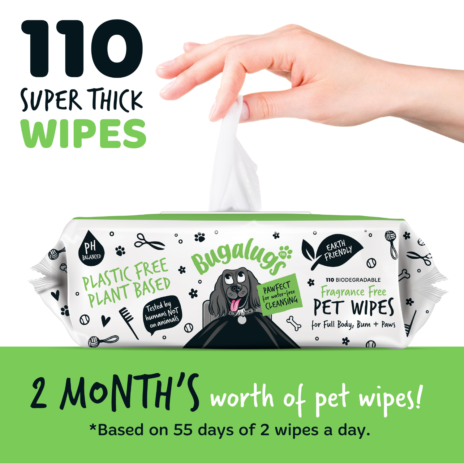 Bugalugs Fragrance Free Pet Wipes - 110 super thick wipes
