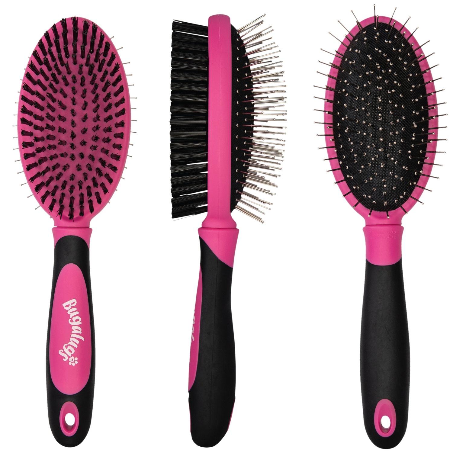 Bugalugs 2-in-1 Double-sided Pet Grooming Brush in Pink and Black - Front, back and side view