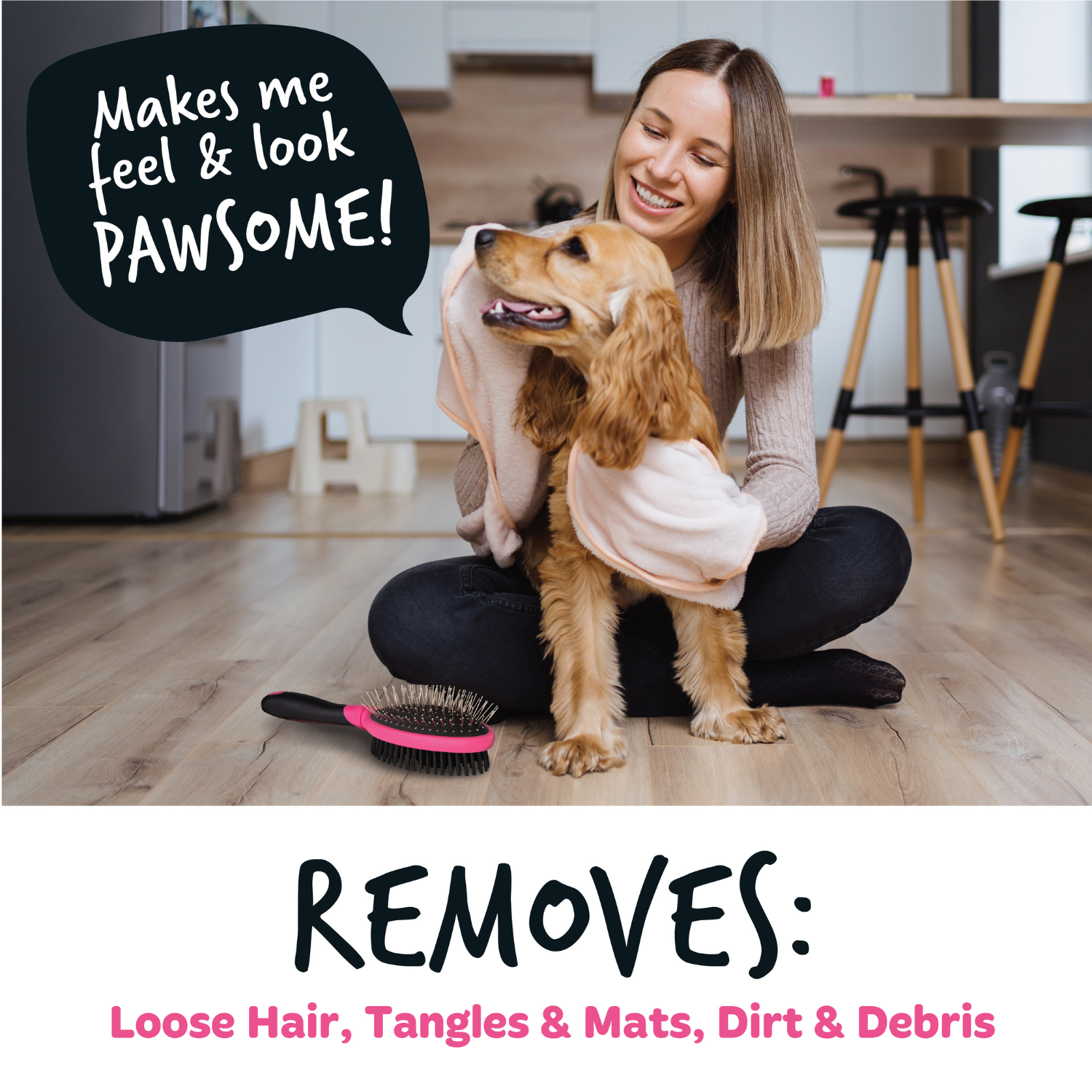 Bugalugs 2-in-1 Double-sided Pet Grooming Brush in Pink and Black - Removes loose hair, tangles, mats, dirt & debris