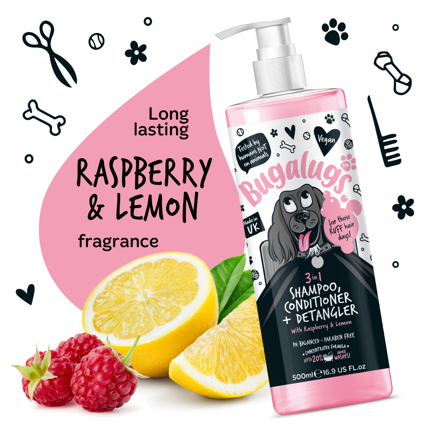 Bugalugs 3-in-1 Raspberry and Lemon Shampoo, Conditioner and Detangler - Long-lasting fragrance