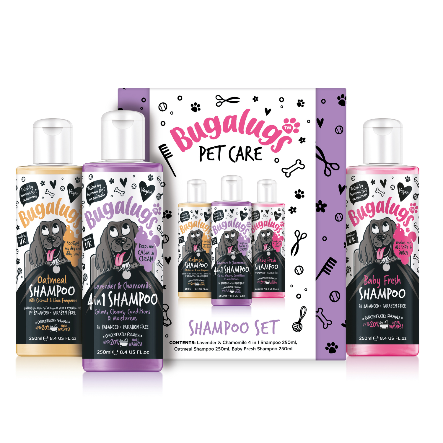 Bugalugs Shampoo Set Giftset for Dogs - Bottles outside the box
