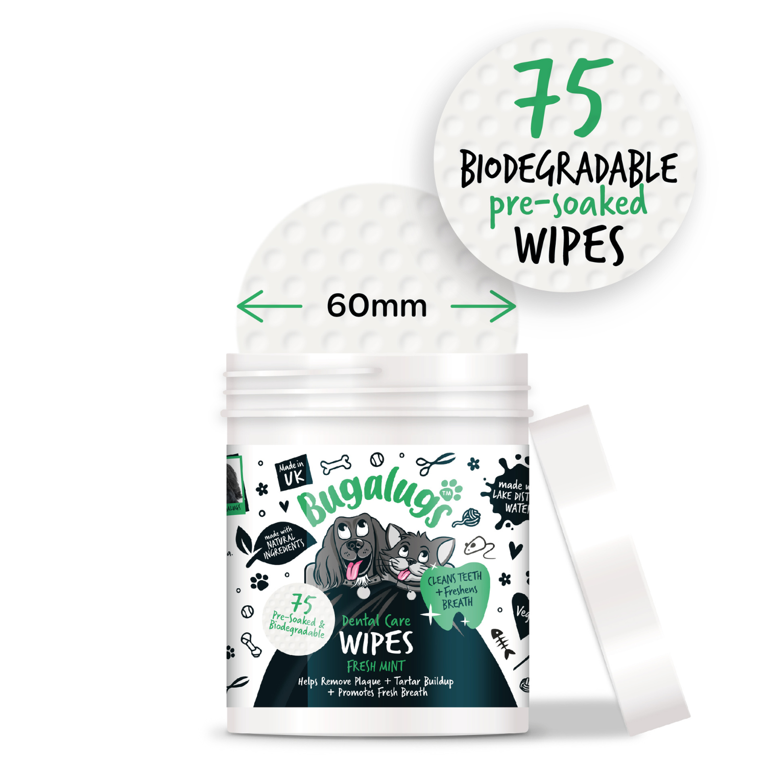 Bugalugs Dental Care Wipes - 75 biodegreable, pre-soaked wipes - 60mm wipes