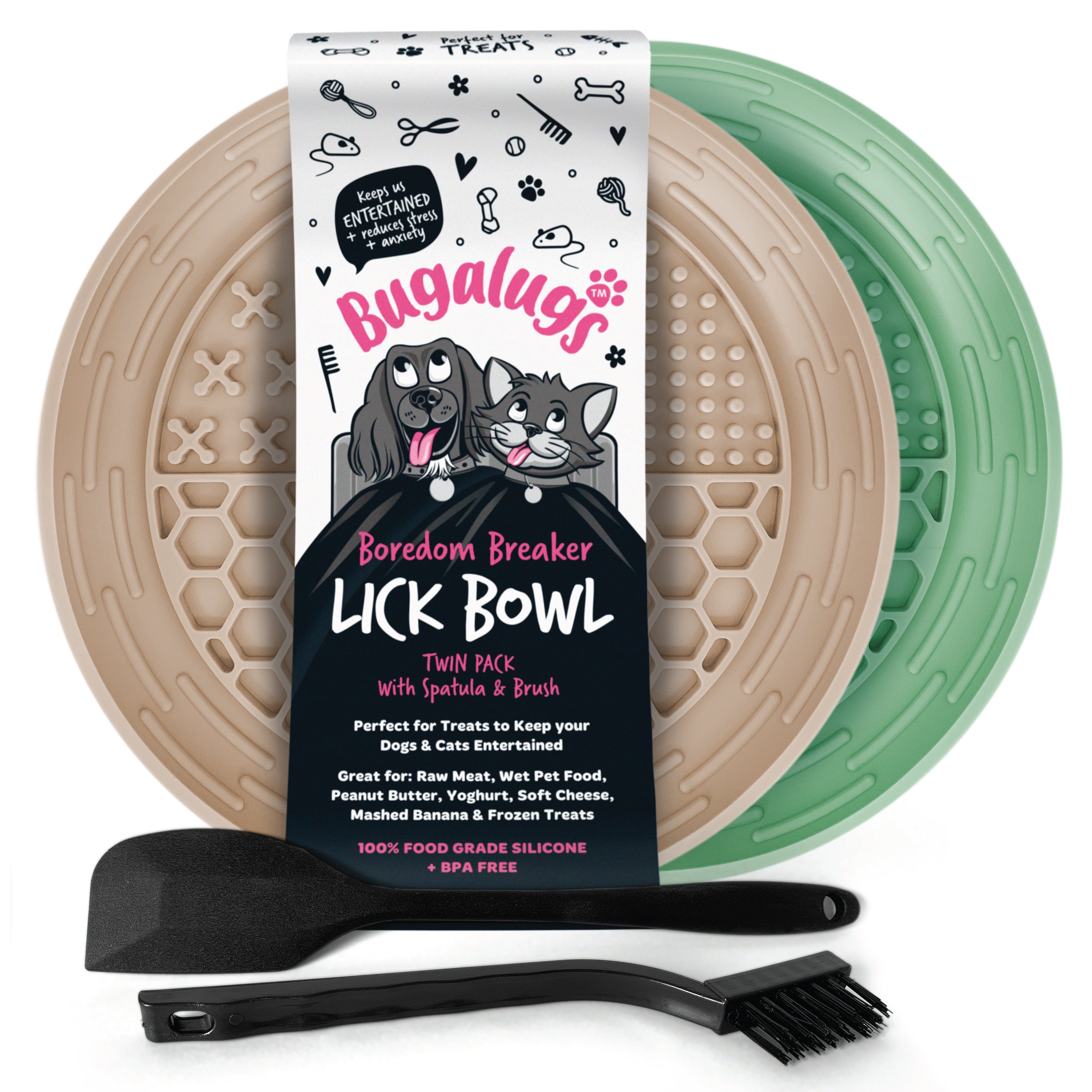 Twin Pack Pet Lick Bowl for Dogs & Cats (Beige & Green)