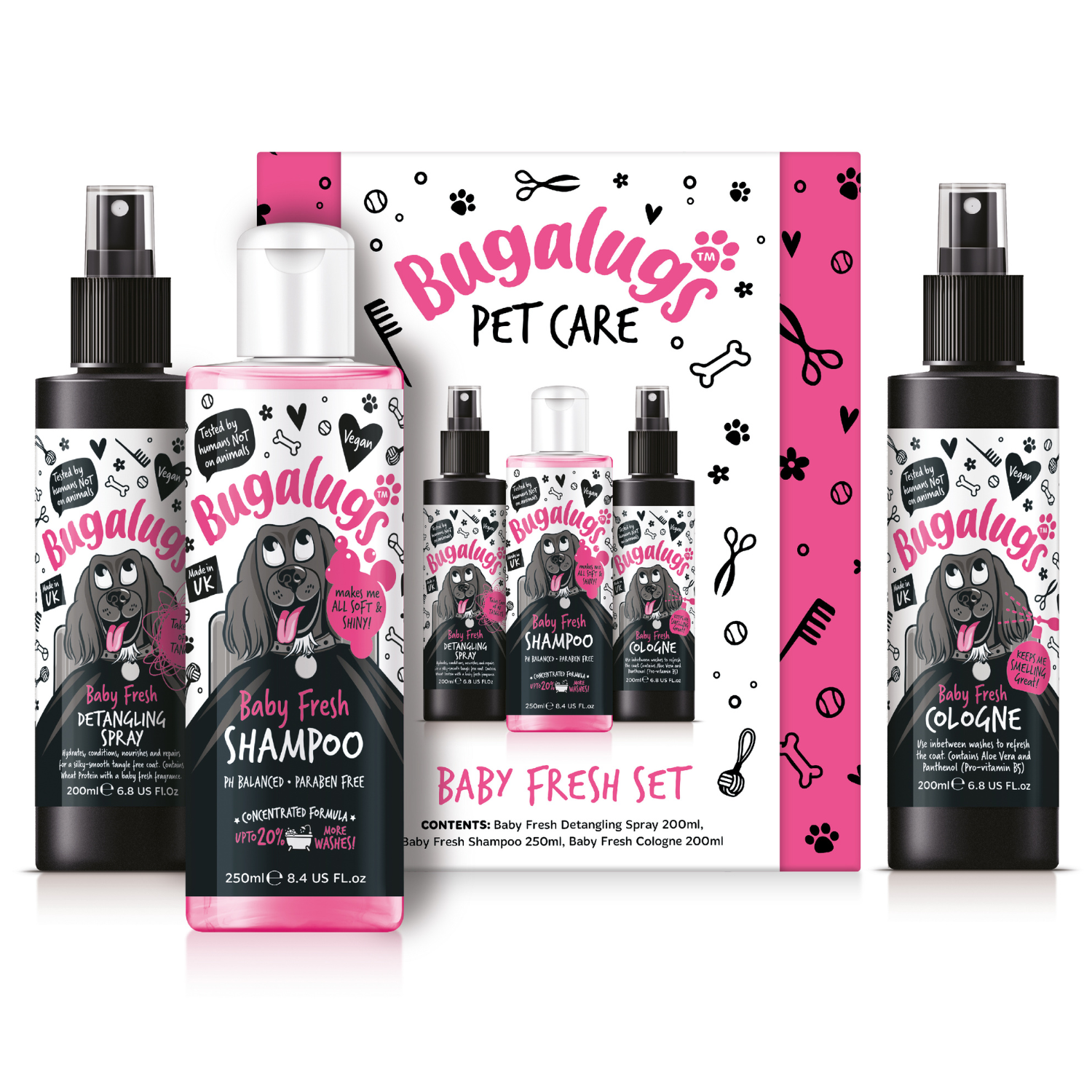 Bugalugs Baby Fresh Gift Set - Baby Fresh Shampoo, Cologne and Detangling Spray - Products outside the box