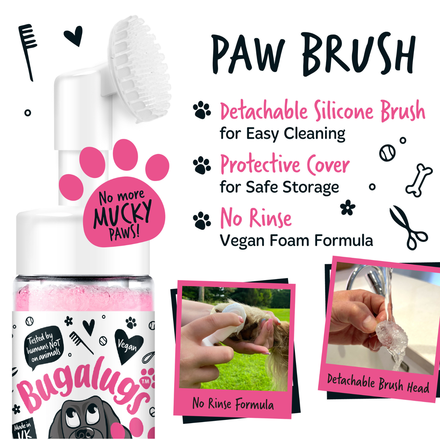 Bugalugs No Rinse Baby Fresh Paw Cleaner Foam Shampoo - Paw brush - Detachable silicone brush