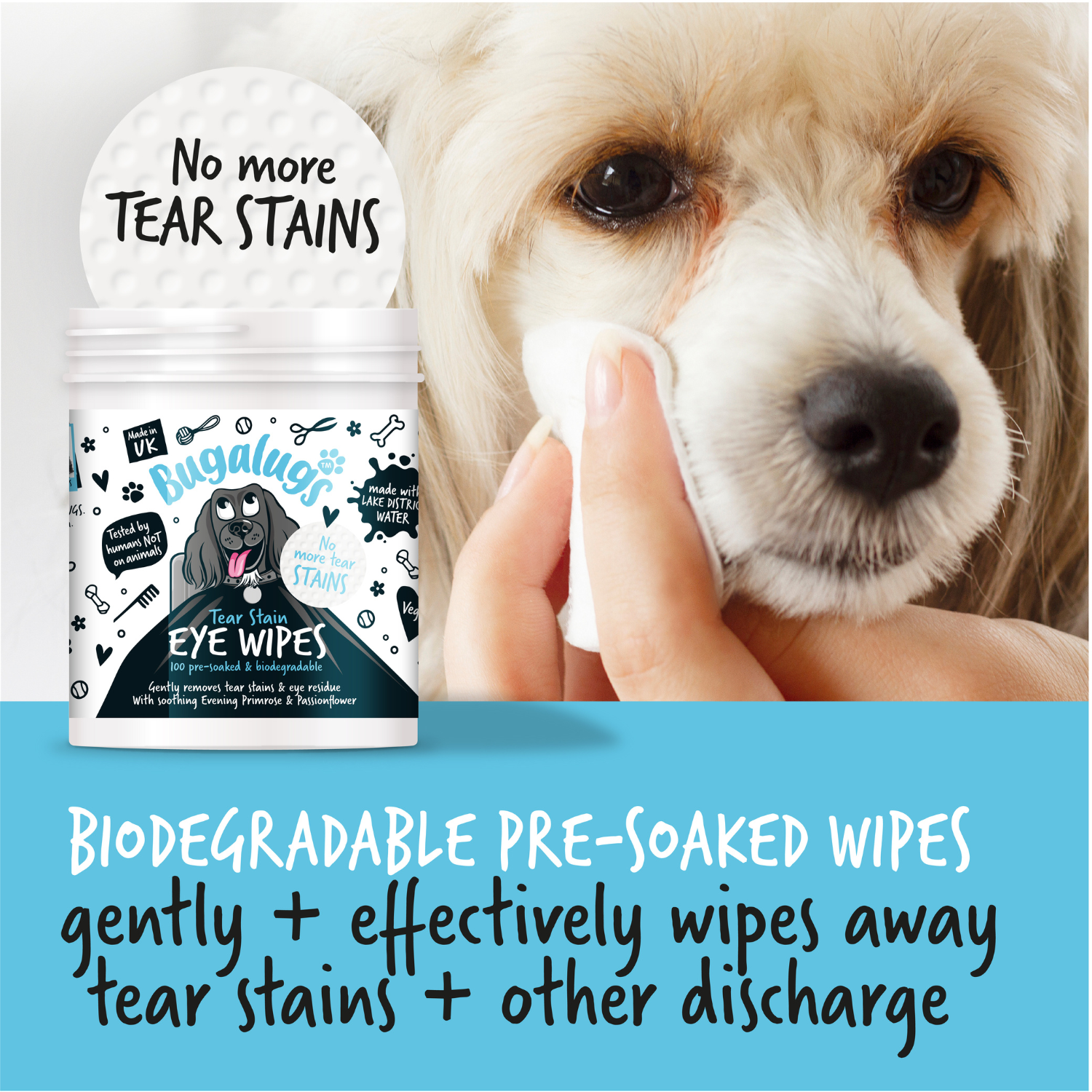 Bugalugs Tear Stain Eye Wipes for Dogs - Gently and effectively wipes away tear stains and other discharge