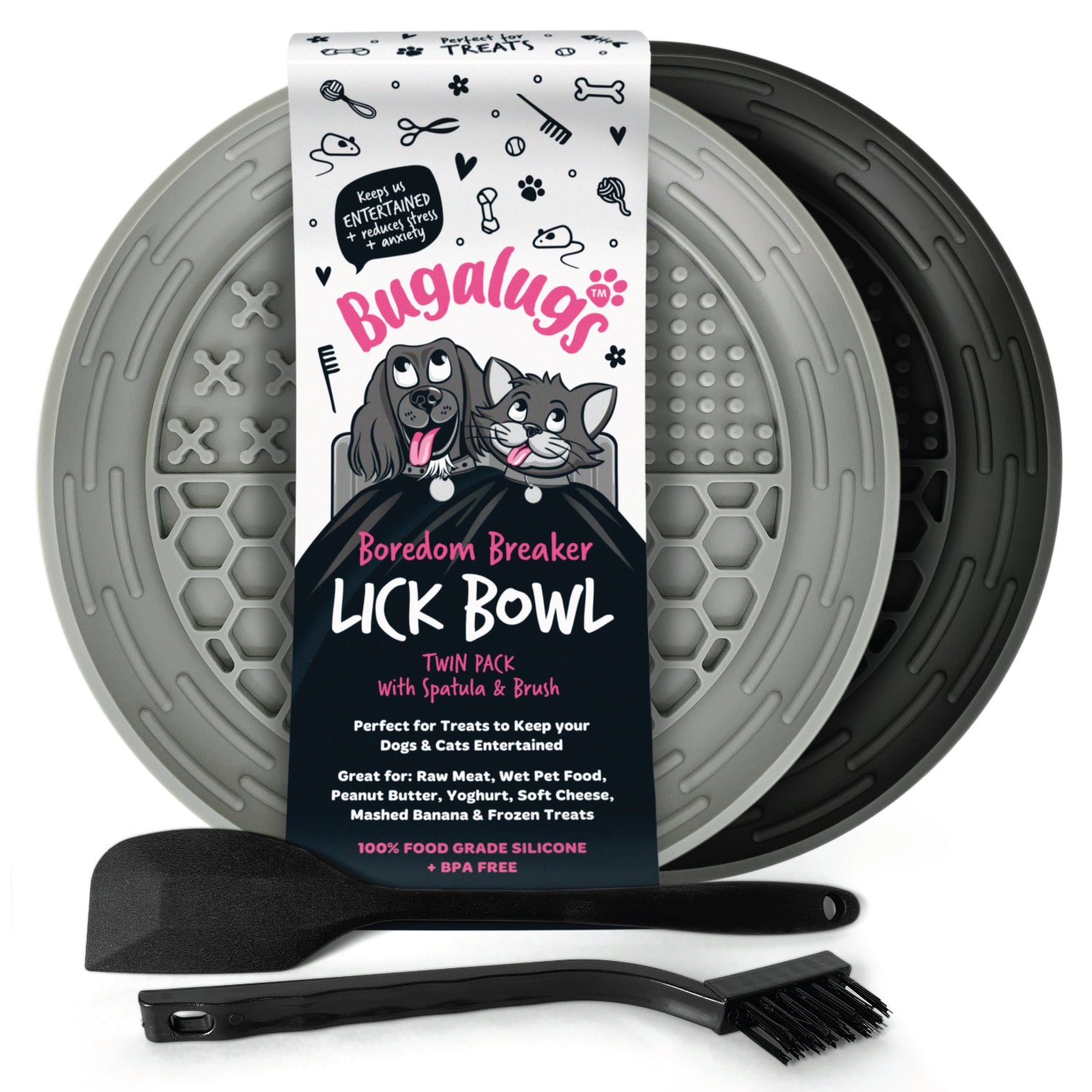 Twin Pack Pet Lick Bowl for Dogs & Cats (Black & Grey)
