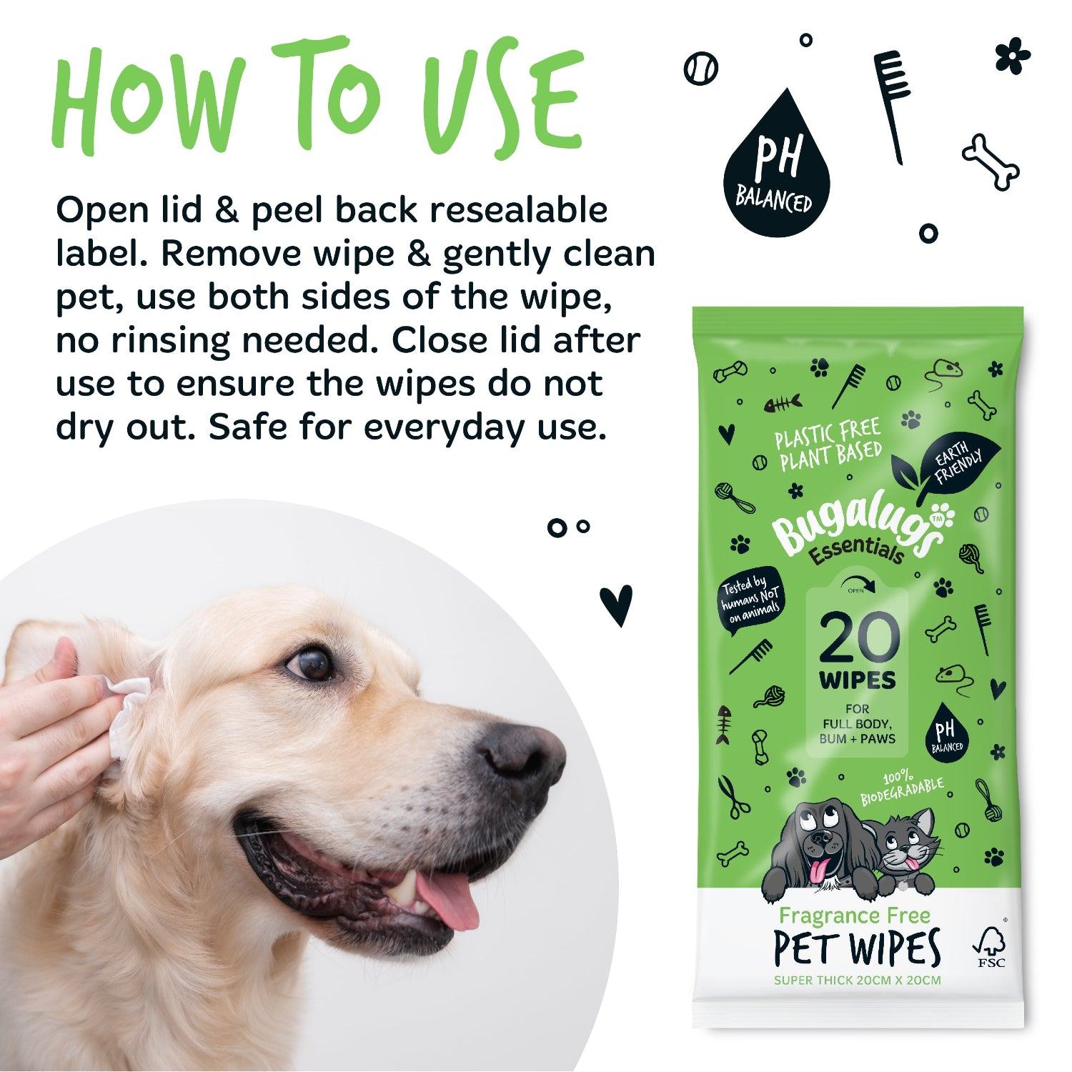 Fragrance Free Pet Wipes for Full Body, Bum & Paws (20)