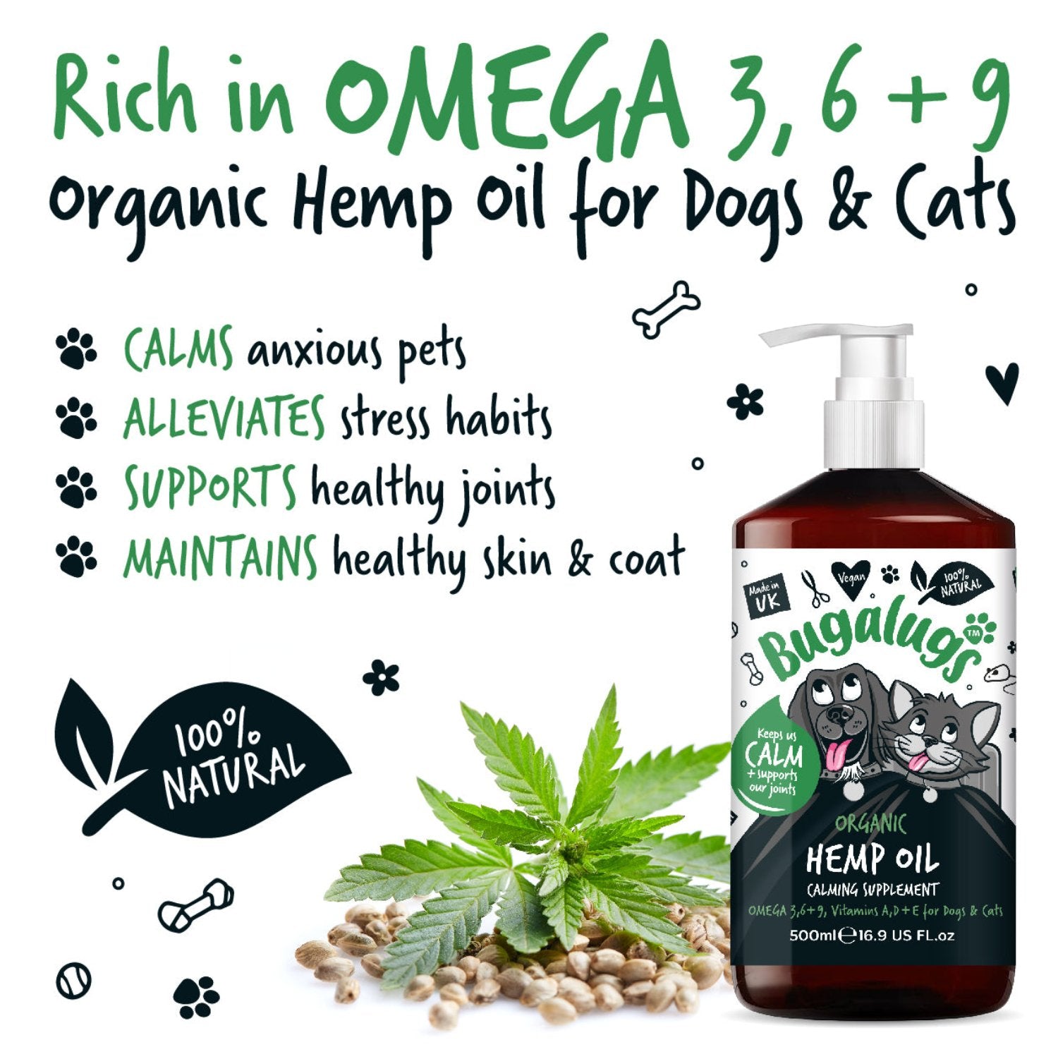 Organic Hemp Oil 100% Natural Daily Calming Supplement for Dogs & Cats