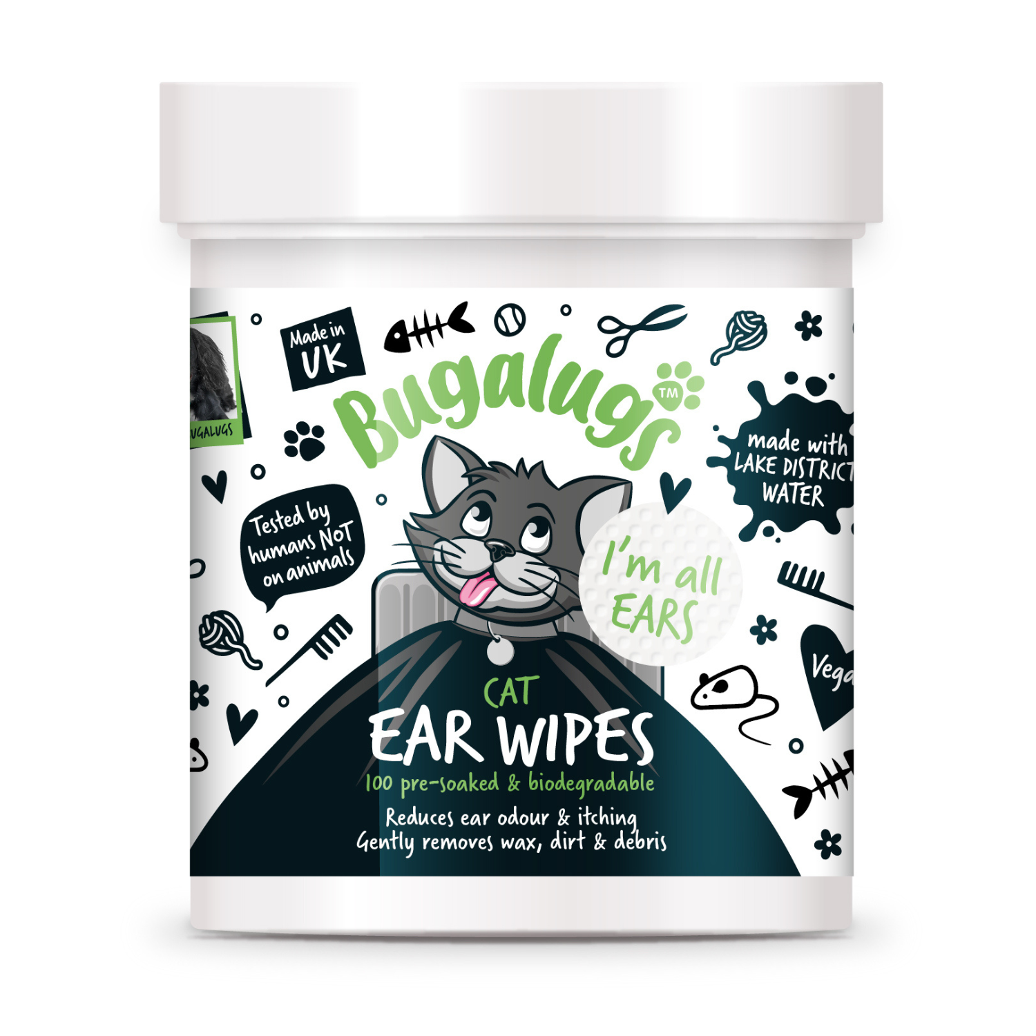 Bugalugs Cat Ear Wipes - 100 pre-soaked and biodegradable wipes