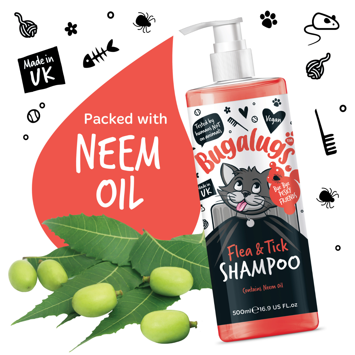 Bugalugs Flea and Tick Shampoo for Cats - Packed with neem oil