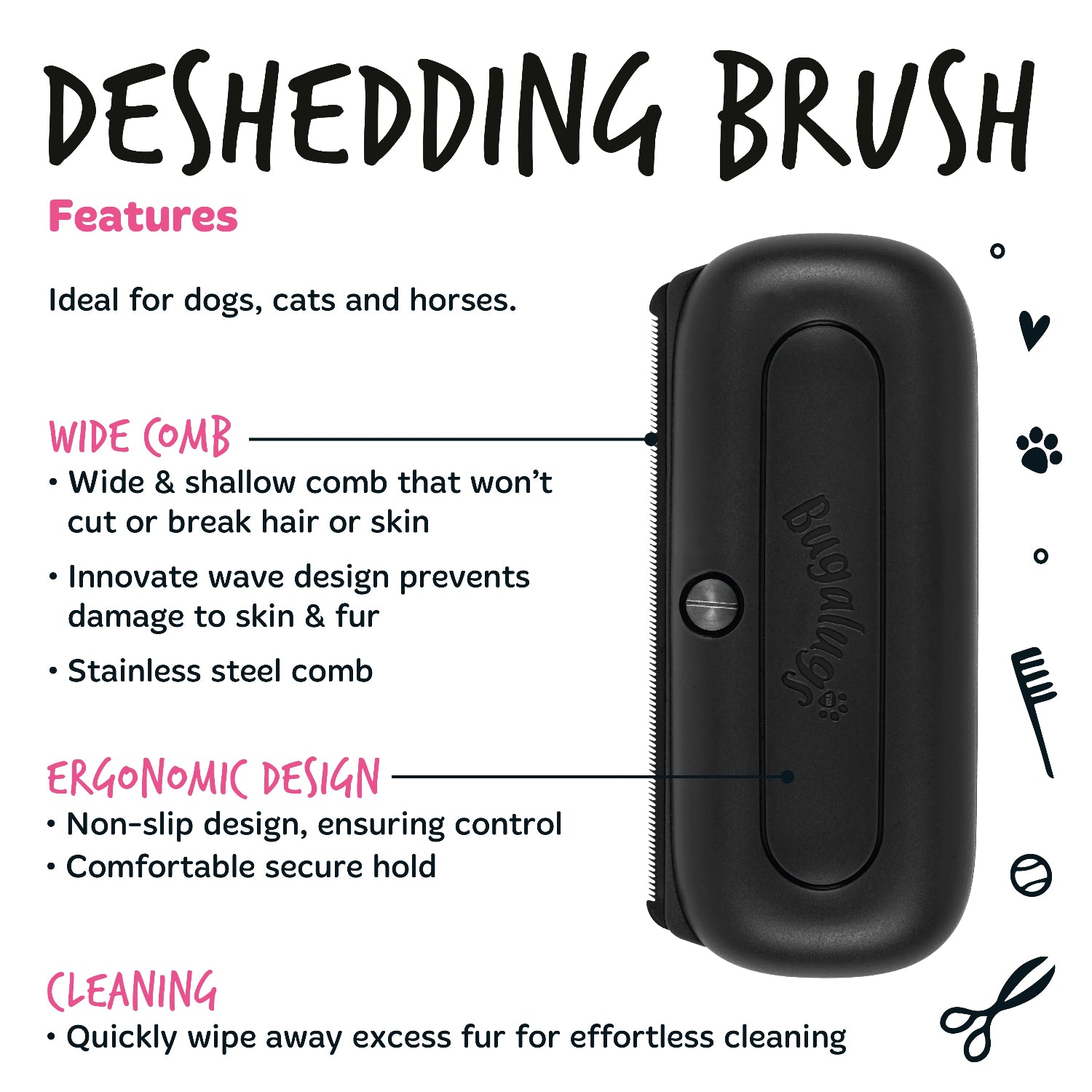 Deshedding Brush in Black for Dogs, Cats, Horses & Other Pets