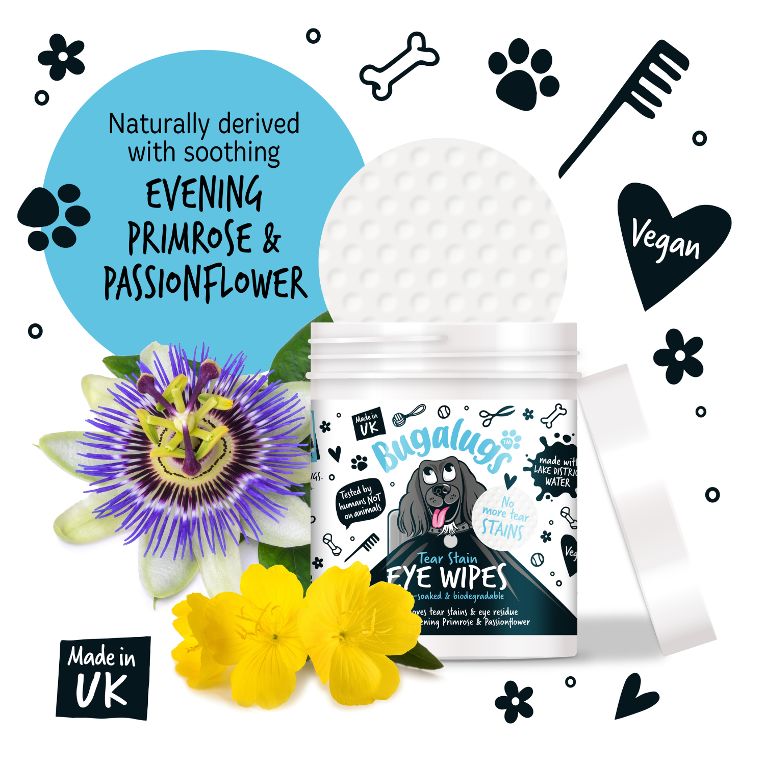 Bugalugs Tear Stain Eye Wipes for Dogs - Naturally derived with soothing evening primrose and passionflower