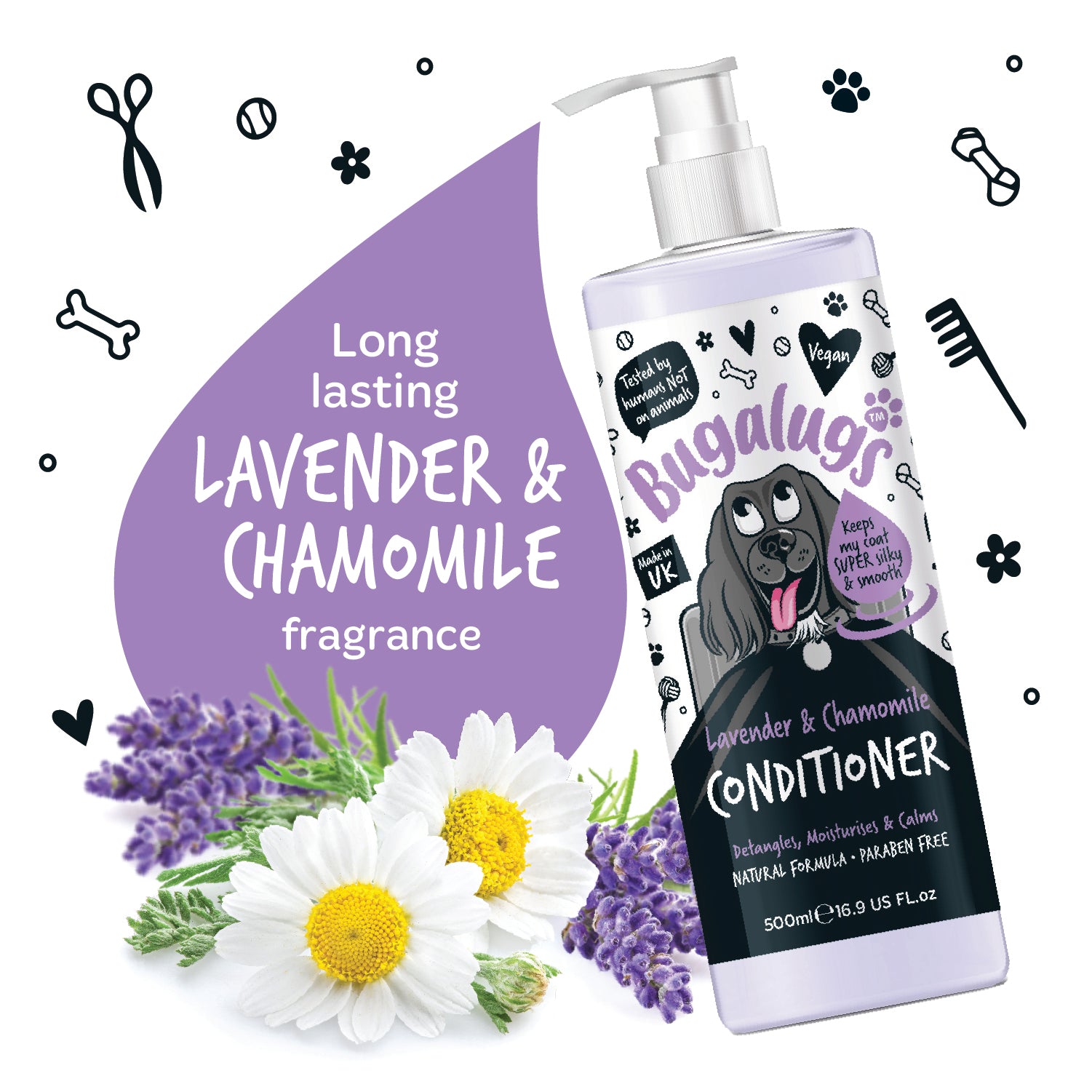 Bugalugs Lavender and Chamomile Conditioner for Dogs - Detangles, moisturises and calms - Long-lasting fragrance