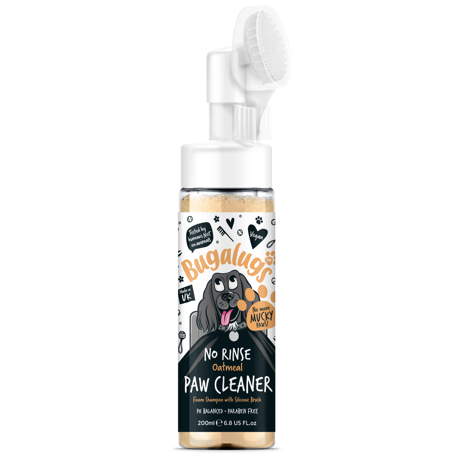 Bugalugs No Rinse Oatmeal Paw Cleaner Foam Shampoo with Silicone Brush