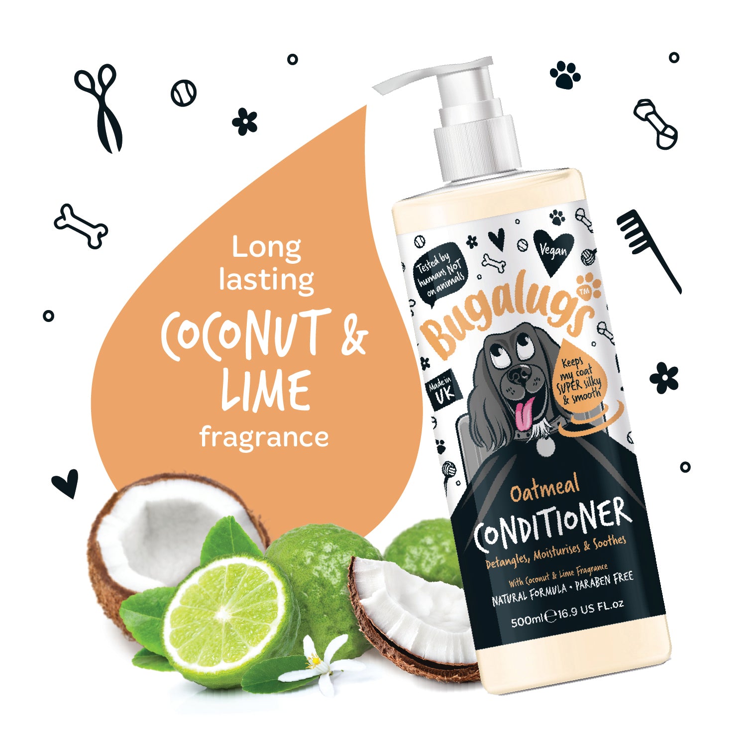 Bugalugs Oatmeal Conditioner for Dogs with Coconut and Lime - Long-lasting fragrance