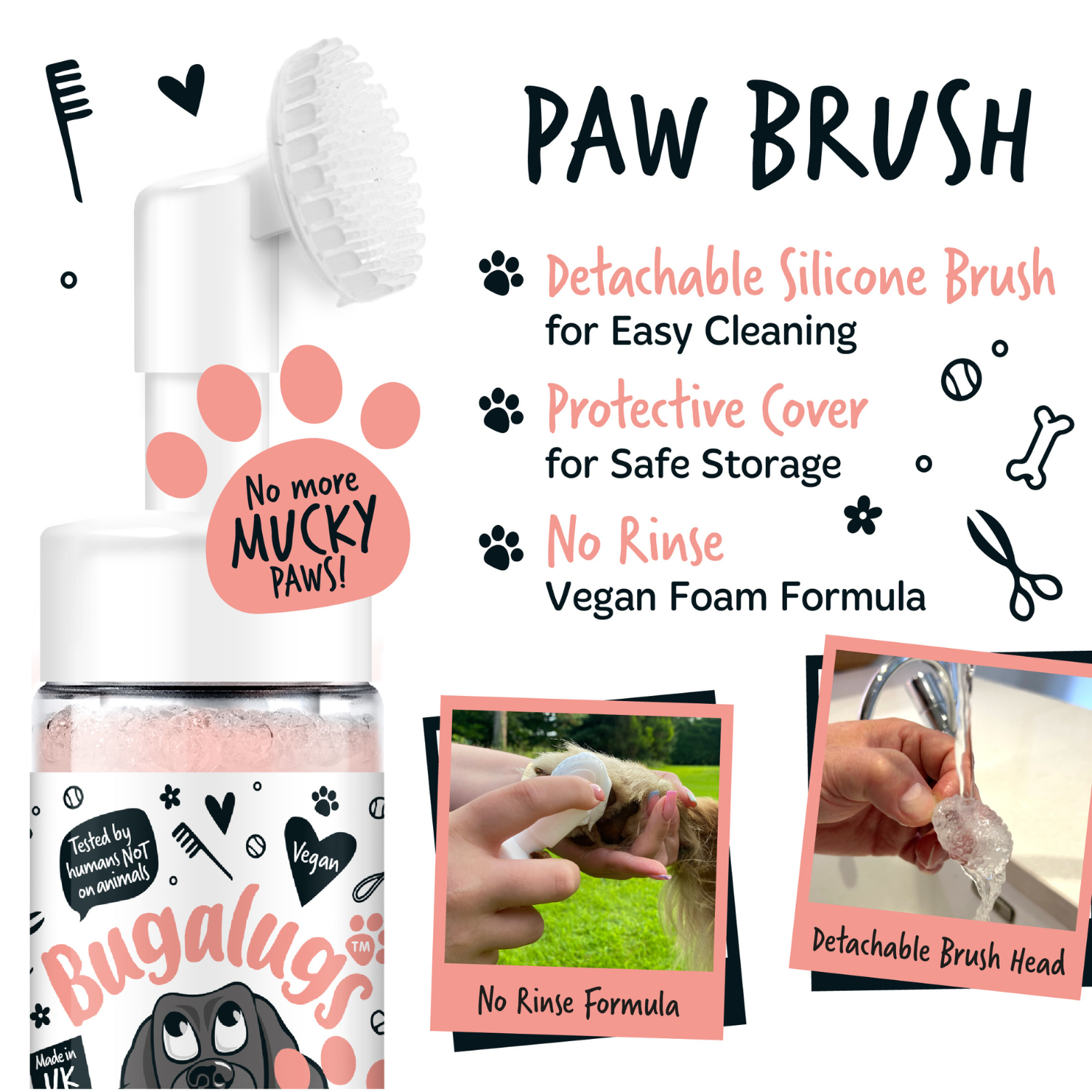 Bugalugs No Rinse Papaya and Coconut Paw Cleaner - Paw Brush