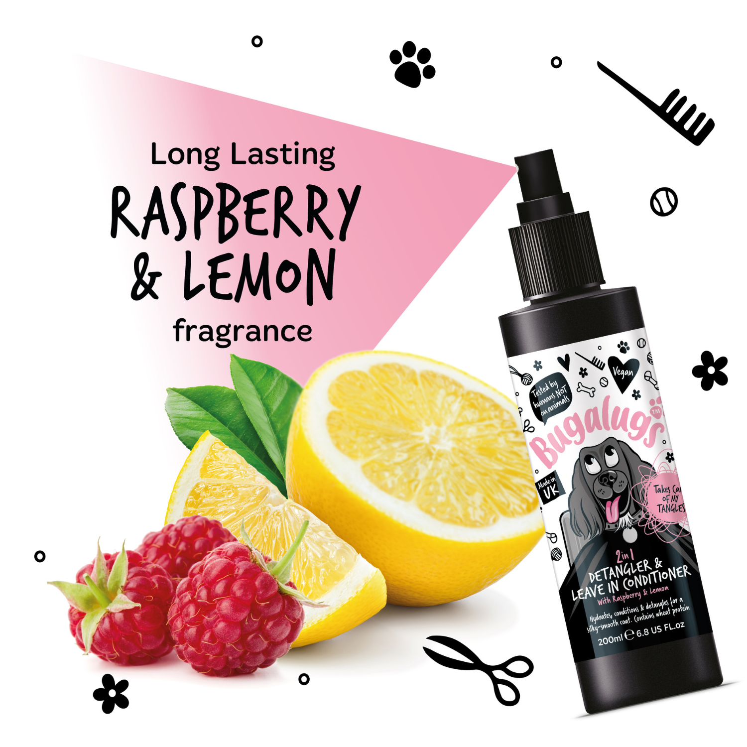 Bugalugs 2-in-1 Raspberry and Lemon Detangling Spray and Leave in Conditioner - Long-lasting fragrance