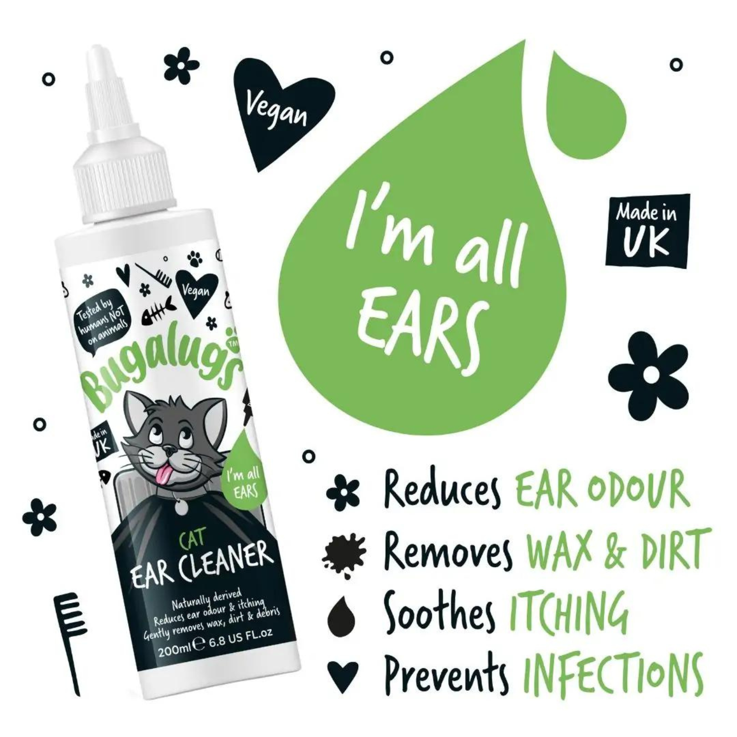 Bugalugs Cat Ear Cleaner Solution - Reduces, removes, soothes, prevents