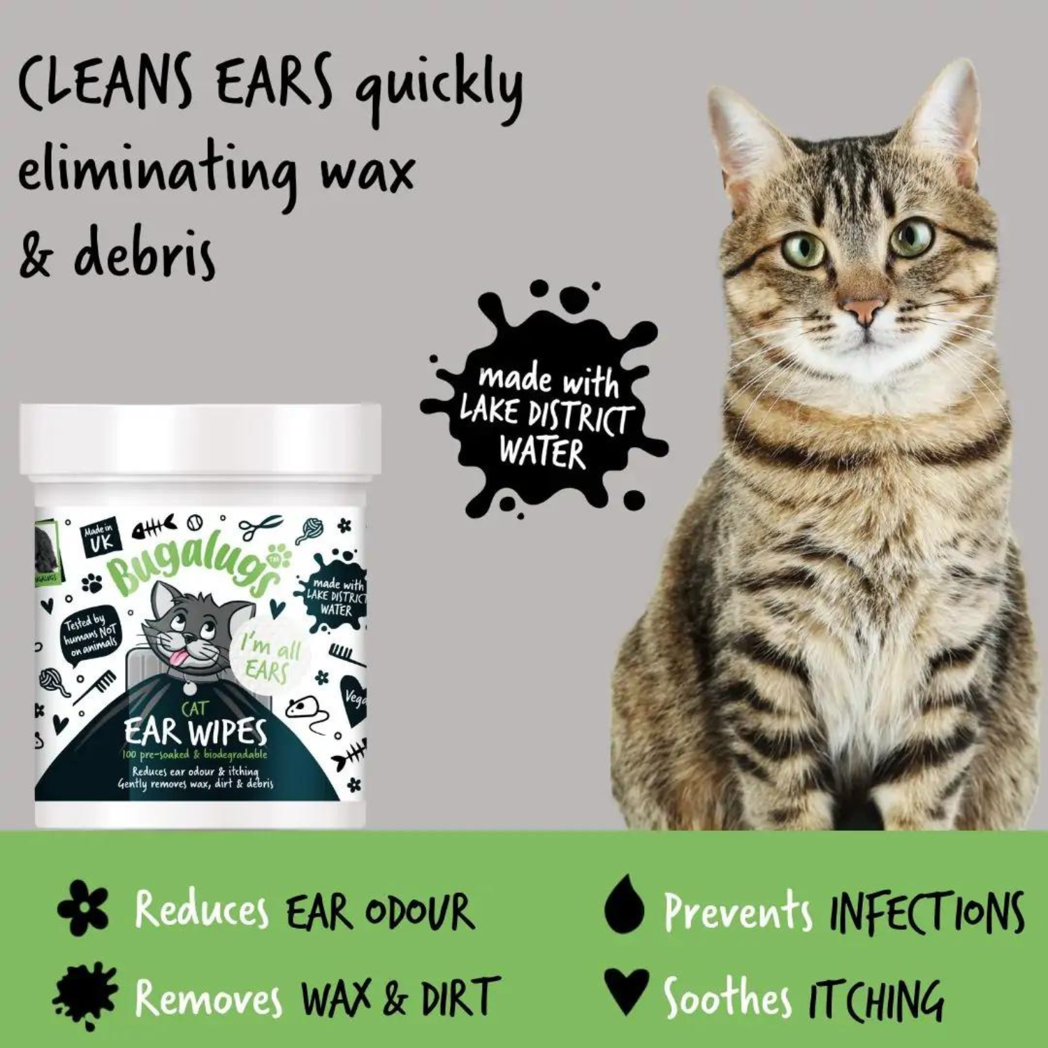 Bugalugs Cat Ear Wipes - Cleans ears quickly, eliminating wax and debris