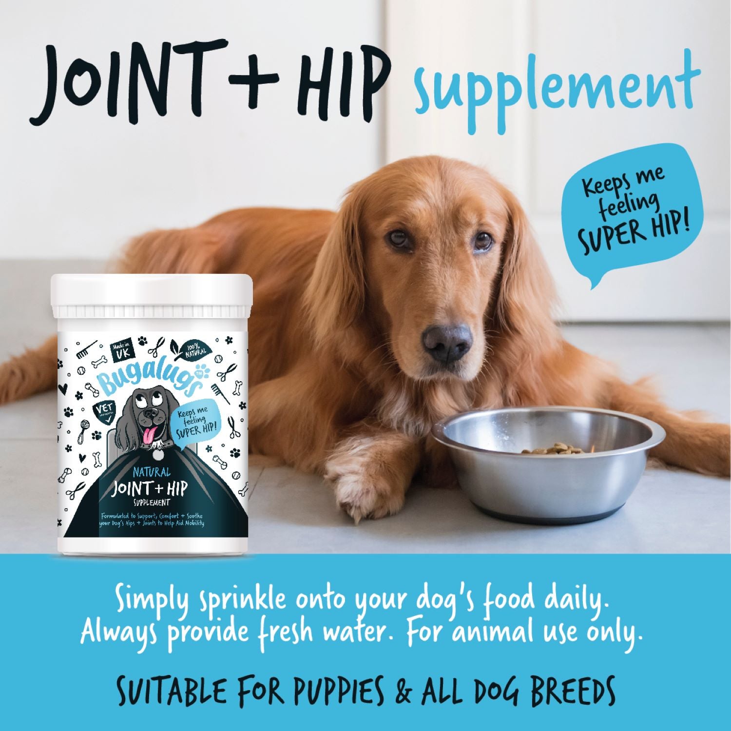 Bugalugs Natural Joint and Hip Supplement Powder for dogs - Suitable for puppies and all dog breeds