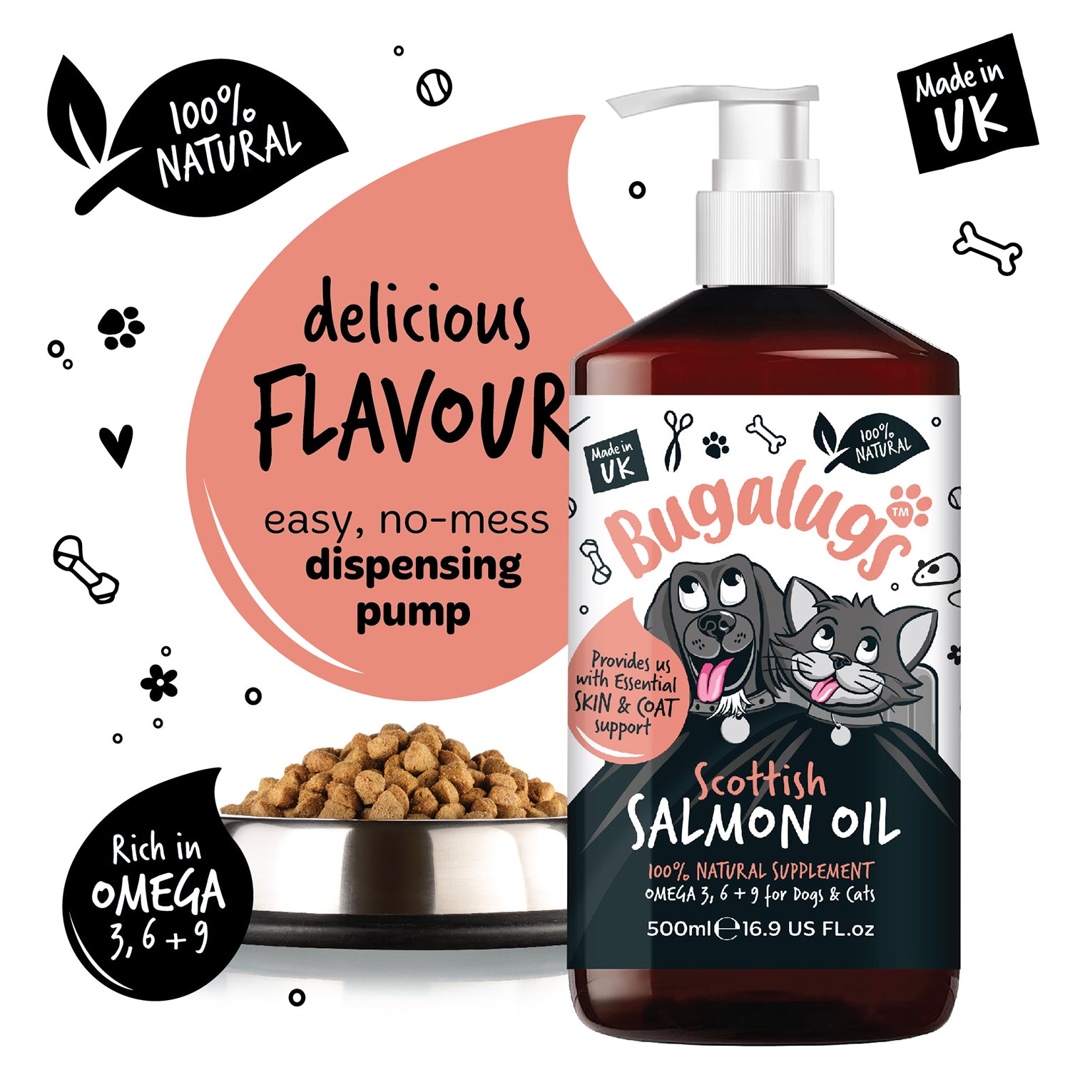 Bugalugs Scottish Salmon Oil - Omega 3, 6 and 9 for Dogs and Cats - Delicious flavour - Easy, no-mess dispensing pump