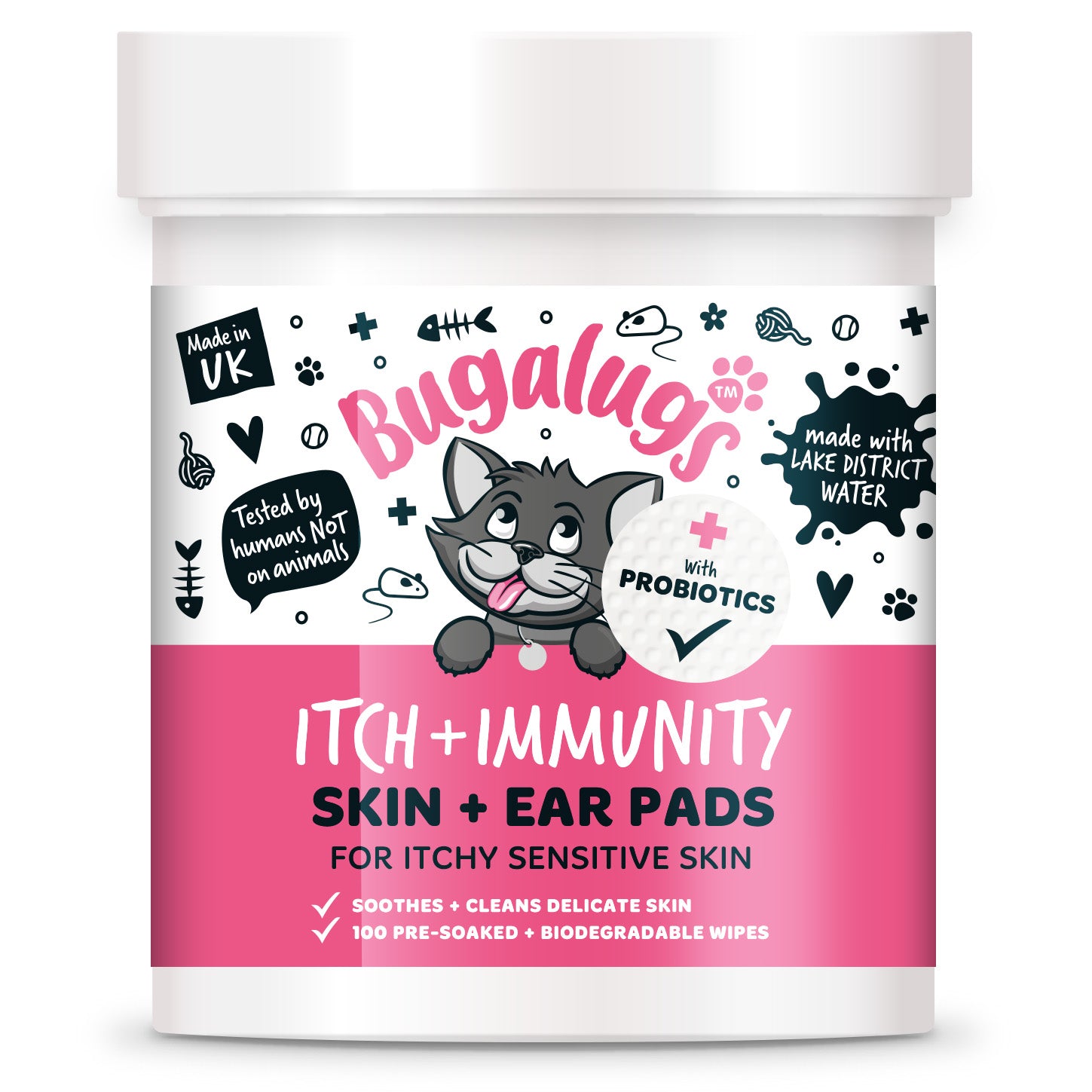 Bugalugs Itch + Immunity Skin + Ear Pads packaging with a cartoon cat on a white background