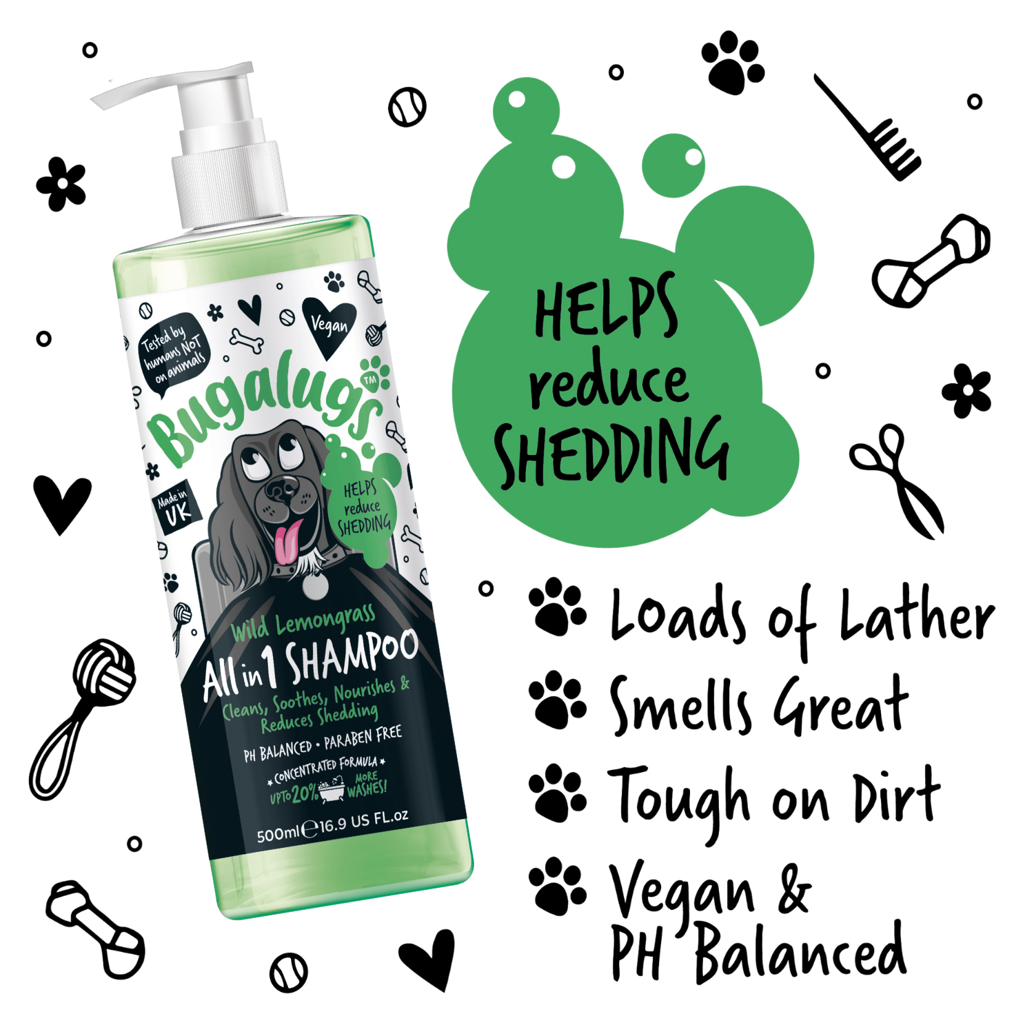 Bugalugs Wild Lemongrass All-in-1 Shampoo - Cleans, Soothes, Nourishes & Reduces Shedding - Key benefits