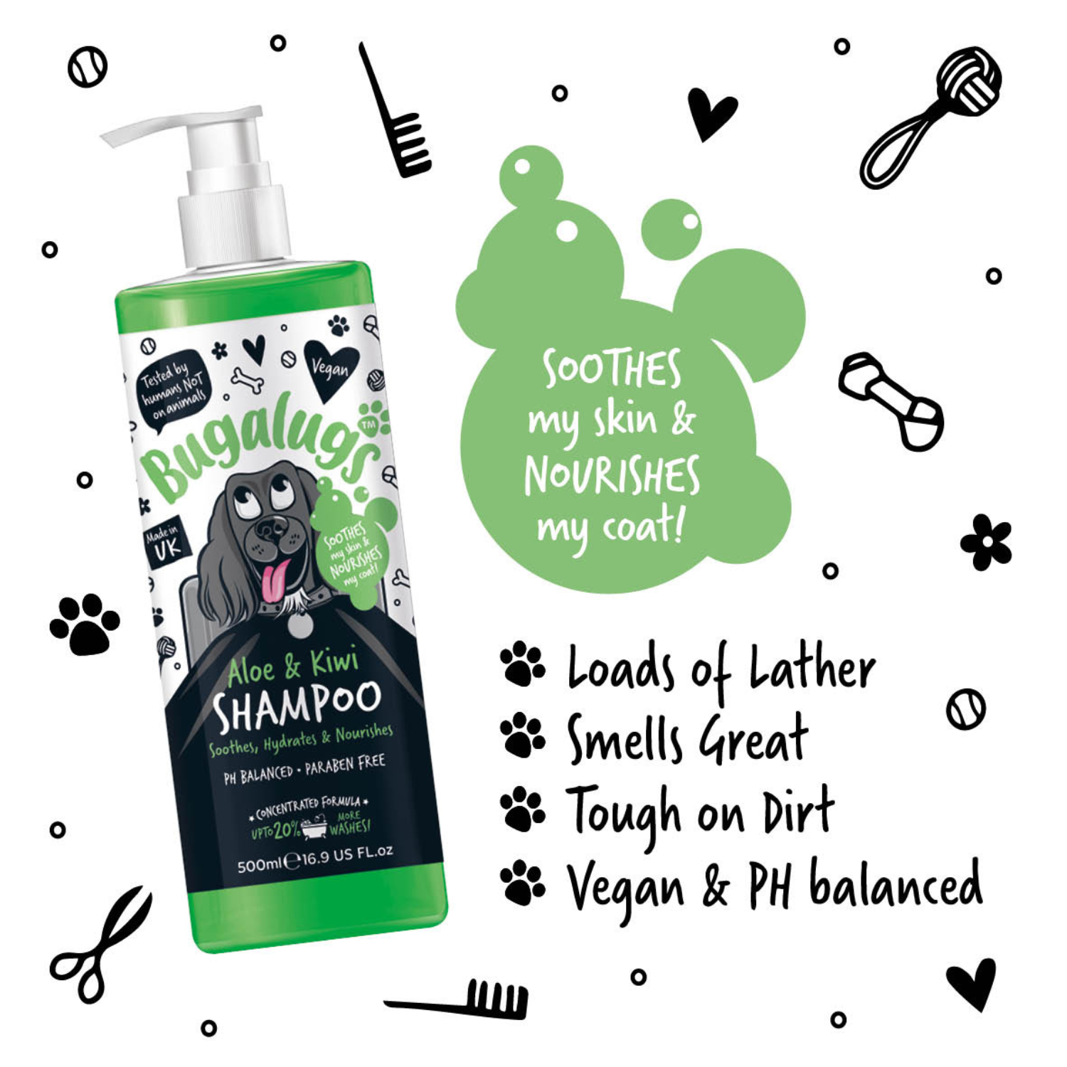 Bugalugs Aloe and Kiwi Shampoo for Dogs - Soothes, Hydrates and Nourishes - Key benefits