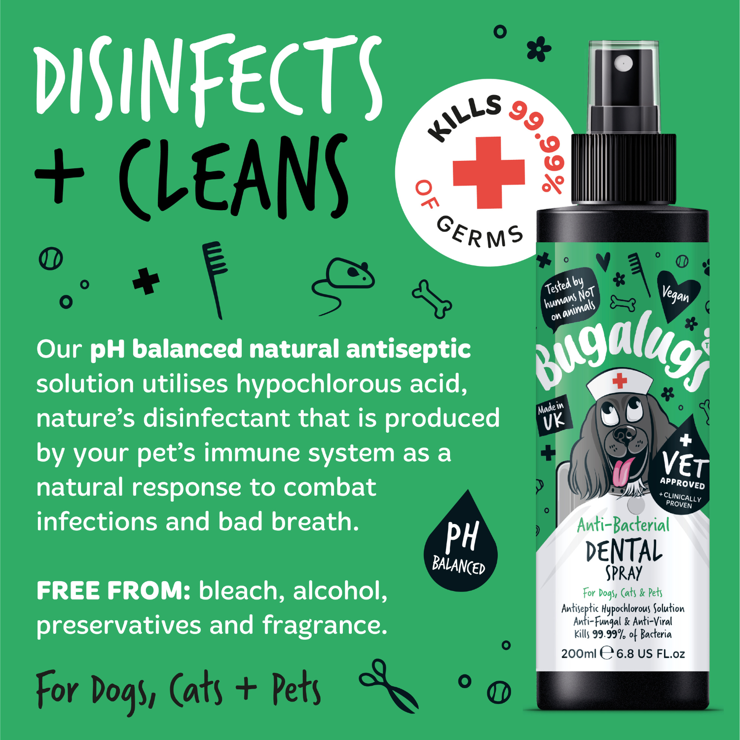 Bugalugs Anti-bacterial Dental Spray for Dogs, Cats and Pets - Disinfects and cleans