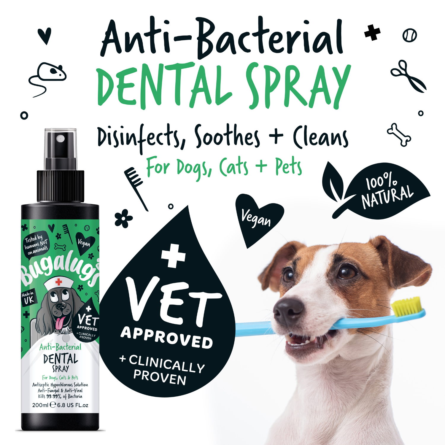 Bugalugs Anti-bacterial Dental Spray for Dogs, Cats and Pets - Disinfects, soothes and cleans