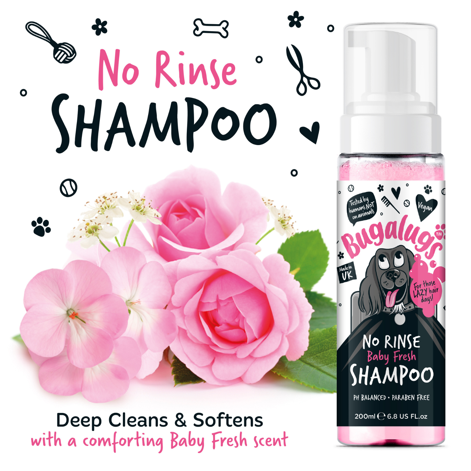 Bugalugs No Rinse Baby Fresh Shampoo for Dogs - Deep cleans and softens with a comforting baby fresh scent