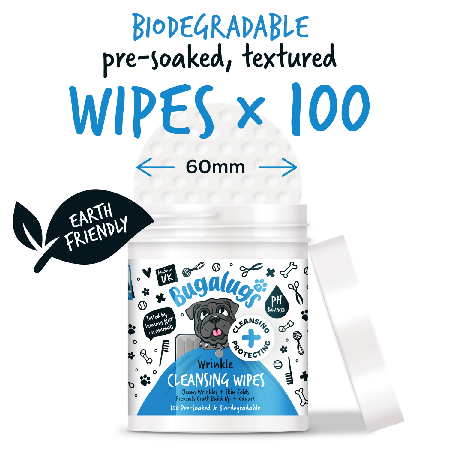 Bugalugs Wrinkle Cleansing Wipes - Biodegradable, pre-soaked, textured wipes x100
