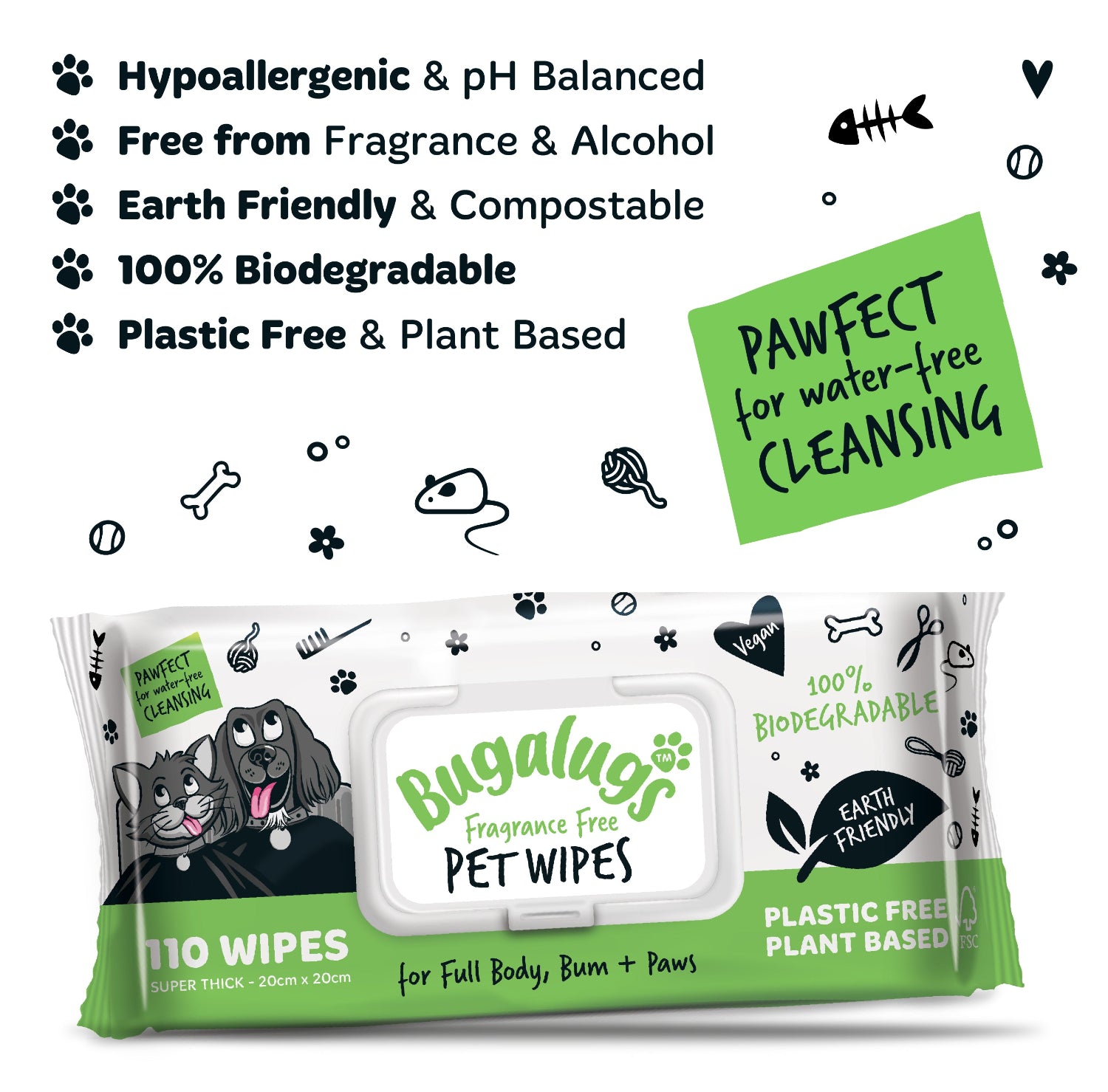 Fragrance Free Pet Wipes for Full Body, Bum & Paws (110 Wipes)