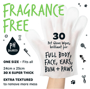 Pack of Bugalugs fragrance-free pet glove wipes with product features listed.