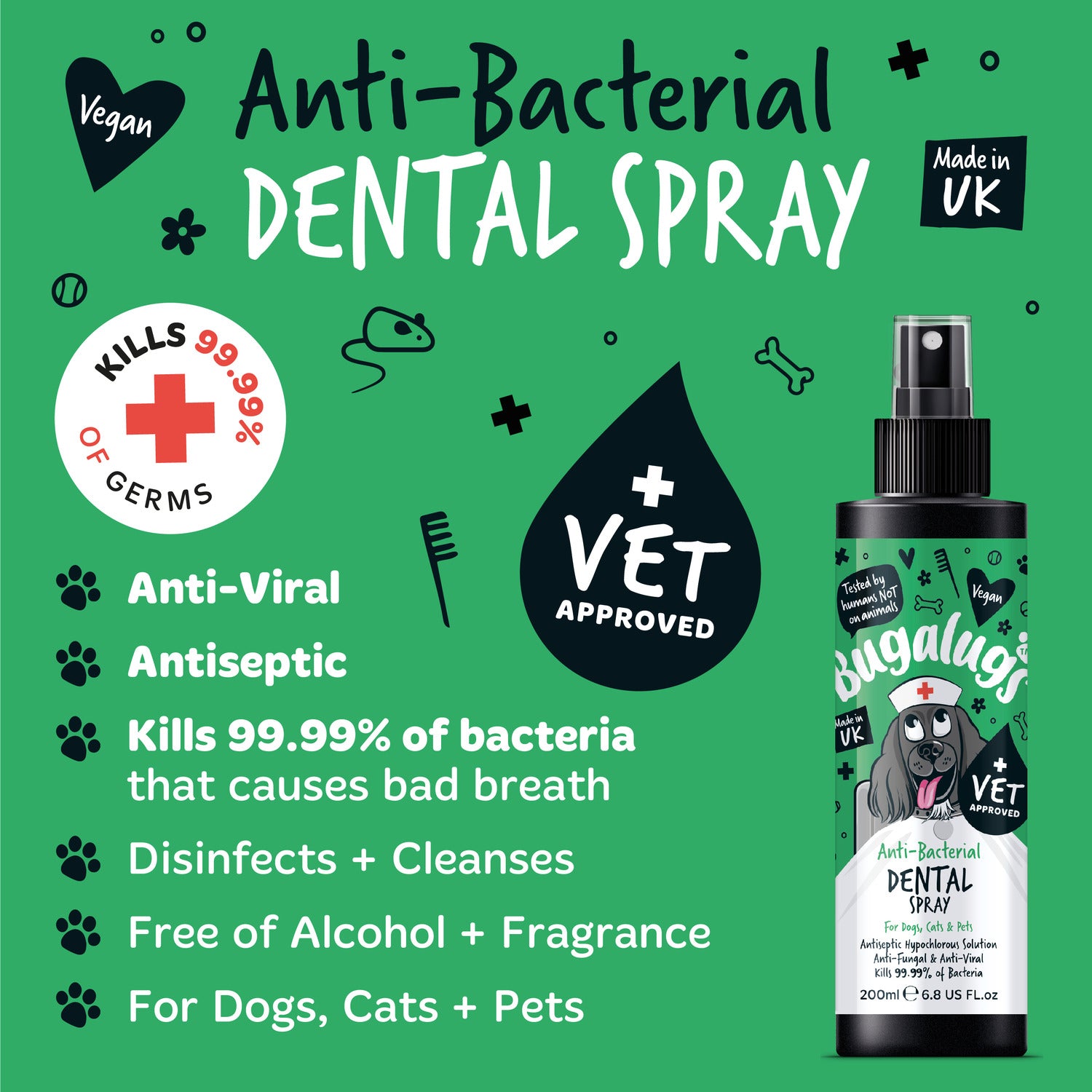 Bugalugs Anti-bacterial Dental Spray 200ml Benefits For Pets