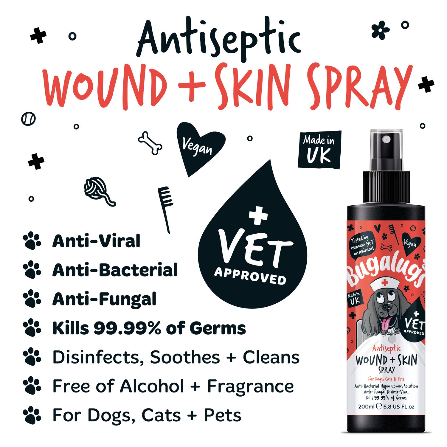 Bugalugs Antiseptic Wound & Skin Spray, Anti-viral, Anti-fungal Spray