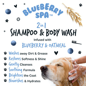 Blueberry Spa 2-in-1 Shampoo & Body Wash with a dog being washed and product details.