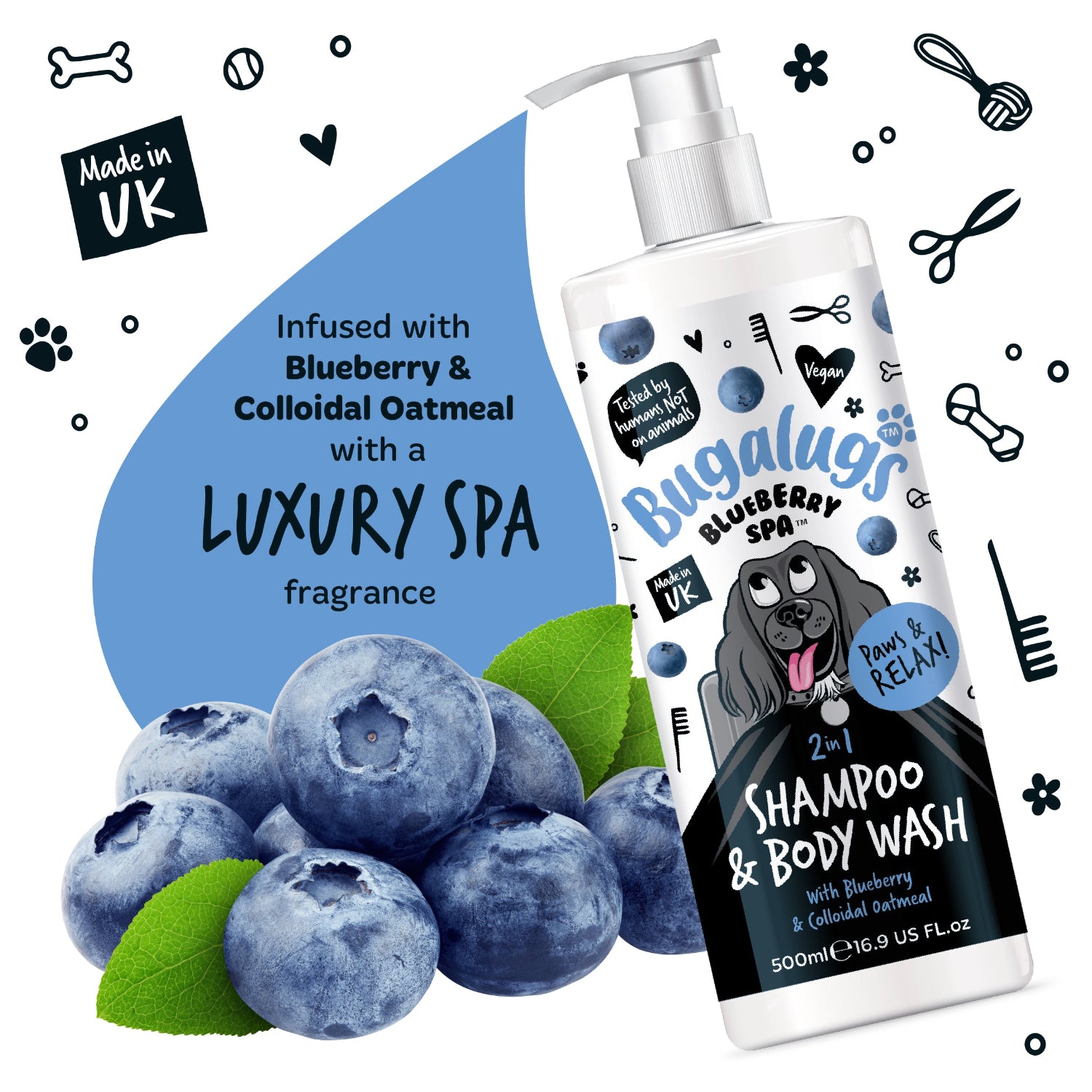 Dog shampoo and body wash bottle with blueberries and text on a white background