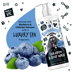Dog shampoo and body wash bottle with blueberries and text on a white background
