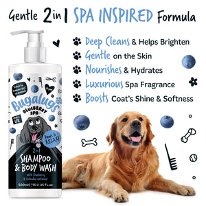 Dog shampoo and body wash bottle with a dog, blueberries, and spa-themed text on a white background.