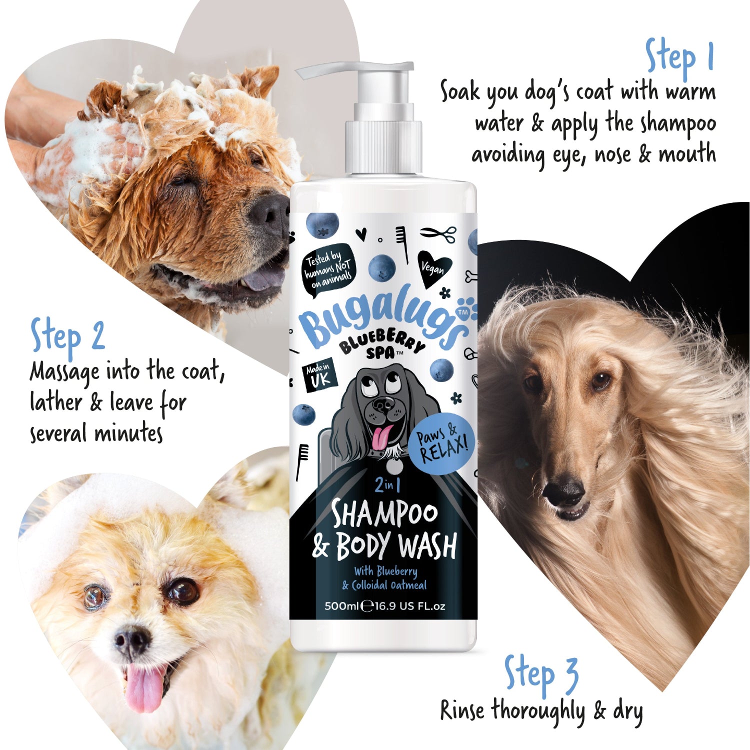 Bugalugs Bluebay Spa shampoo and body wash bottle with step-by-step instructions for using it on dogs.