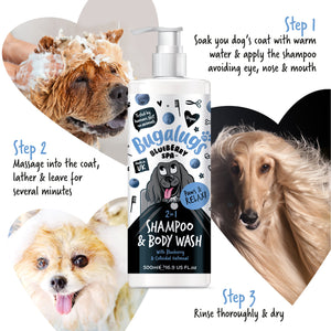 Bugalugs Bluebay Spa shampoo and body wash bottle with step-by-step instructions for using it on dogs.