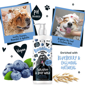 Dog shampoo and body wash with images of dogs being washed, blueberries, and colloidal oatmeal.