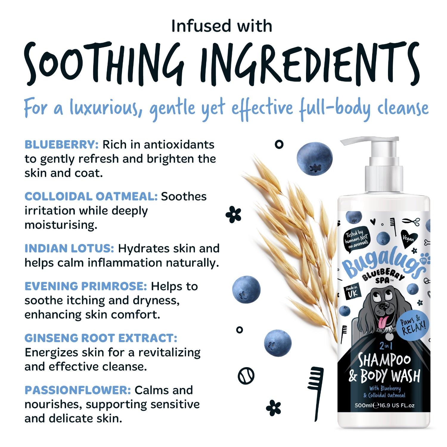 Bugglugs 2-in-1 Shampoo & Body Wash with soothing ingredients and product packaging.