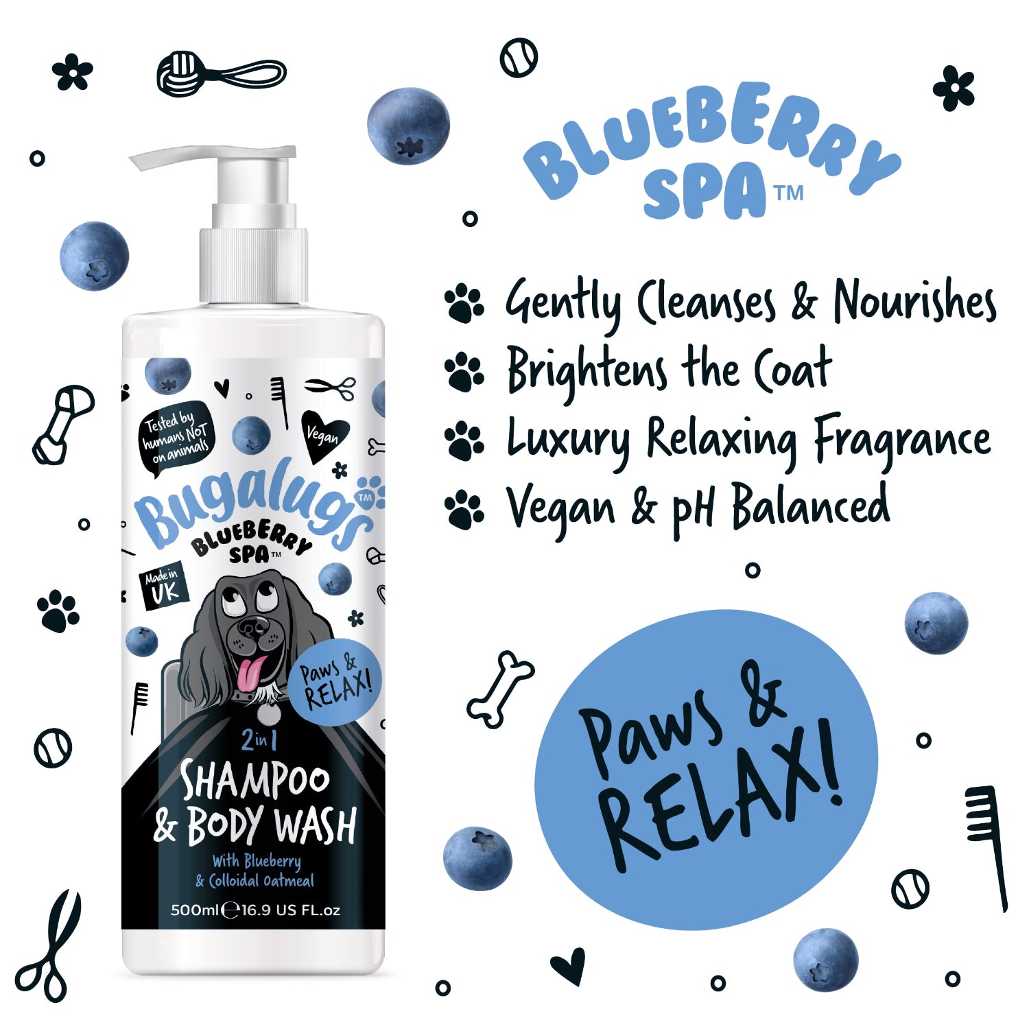 Bugalugs Blueberry Spa 2-in-1 Shampoo & Body Wash bottle with product features on a white background