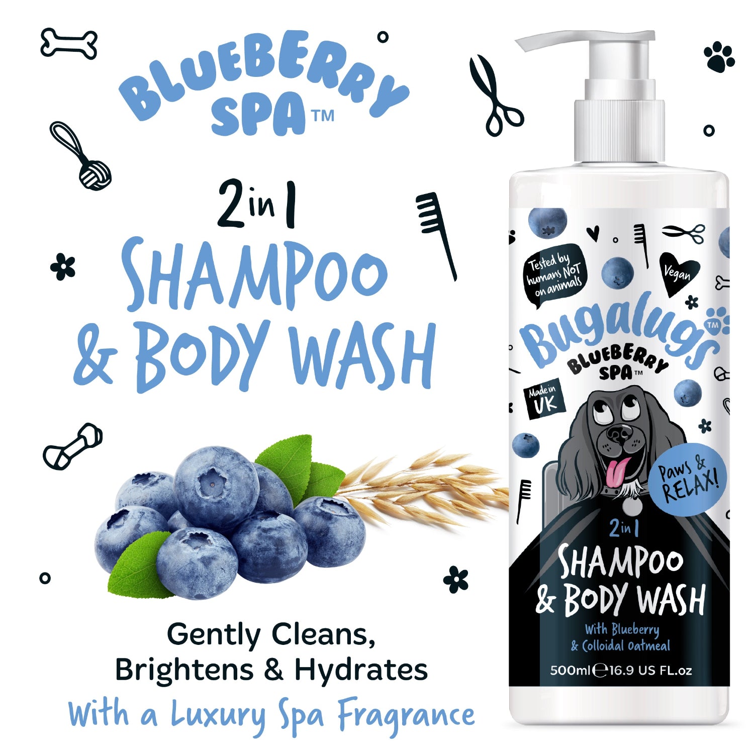 Blueberry Spa 2-in-1 Shampoo & Body Wash bottle with blueberries and oats on a white background