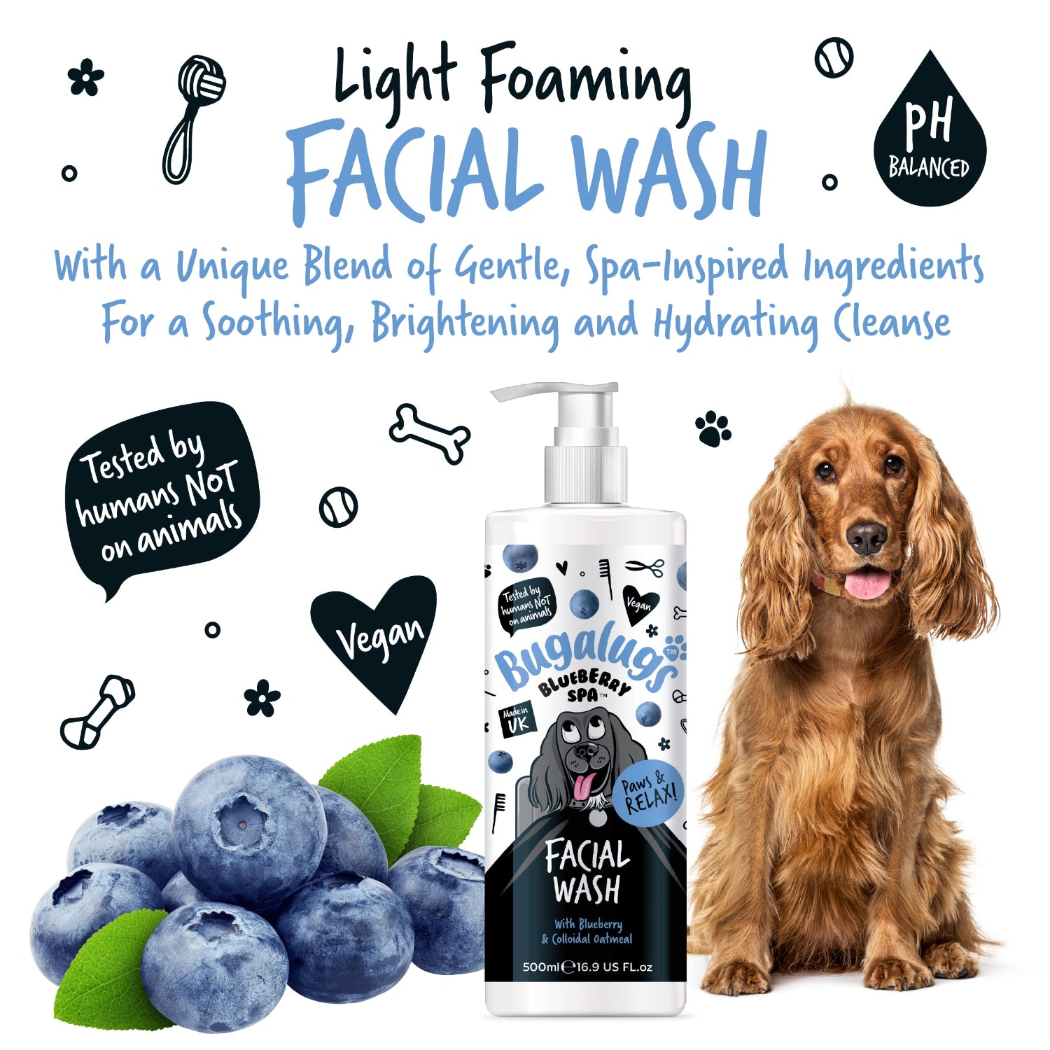 Bugalugs Blueberry Facial Wash with a dog and blueberries on a white background
