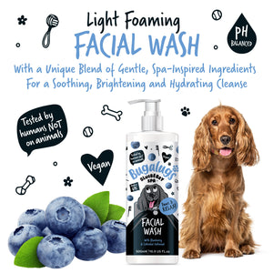 Bugalugs Blueberry Facial Wash with a dog and blueberries on a white background
